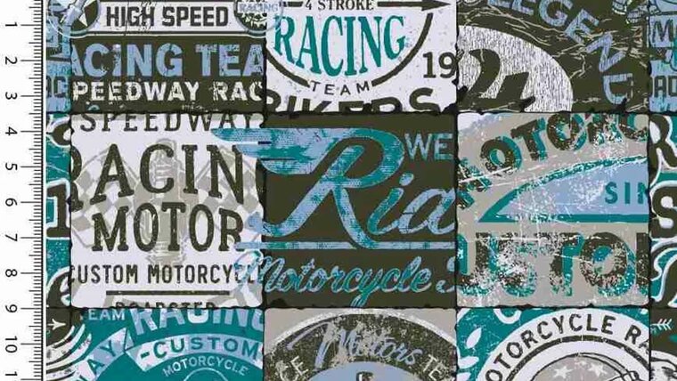 Warme alpenfleece stof met vintage racing bikers labels kopen 